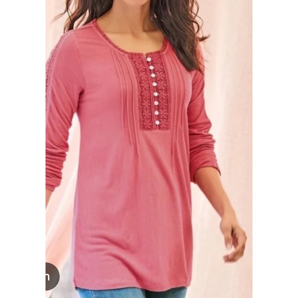 Soft Surroundings Cottagecore Long Sleeve Lacey Boho Pink Top WM's Medium EUC